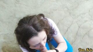 Passionate Public Blowjob from a Cute Blue-eyed Beautiful Schoolgirl and a Mouthful of Cum