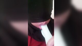 Masked Latina Sloppy Deep Throating a Dildo