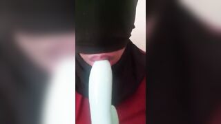 Masked Latina Sloppy Deep Throating a Dildo