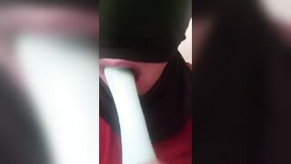 Masked Latina Sloppy Deep Throating a Dildo