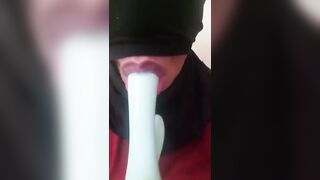 Masked Latina Sloppy Deep Throating a Dildo