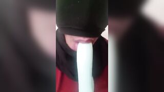 Masked Latina Sloppy Deep Throating a Dildo