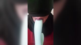 Masked Latina Sloppy Deep Throating a Dildo