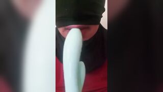 Masked Latina Sloppy Deep Throating a Dildo