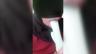 Masked Latina Sloppy Deep Throating a Dildo