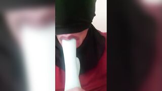 Masked Latina Sloppy Deep Throating a Dildo