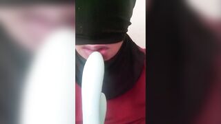 Masked Latina Sloppy Deep Throating a Dildo