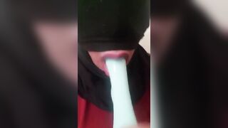 Masked Latina Sloppy Deep Throating a Dildo