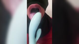 Masked Latina Sloppy Deep Throating a Dildo