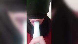 Masked Latina Sloppy Deep Throating a Dildo