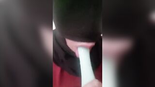 Masked Latina Sloppy Deep Throating a Dildo