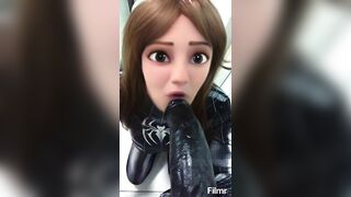 Spidergirl trying to deep throat a massive black dildo.