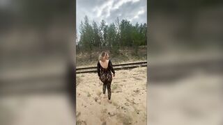 Public Naked Walk in the Woods, Pink Cream Pussy, Cum Flows out on Clothes. Dangerous Sex on the