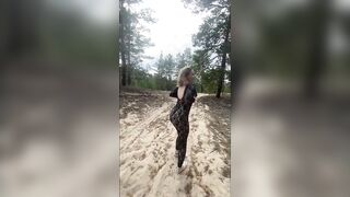 Public Naked Walk in the Woods, Pink Cream Pussy, Cum Flows out on Clothes. Dangerous Sex on the