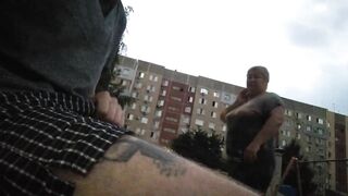 jerking off my cock near the house on a bench