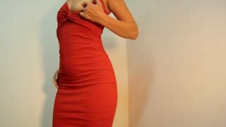 Stepmom in red dress is teasing cock and giving me a handjob