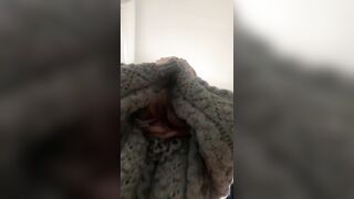 A girl in a sweater hides her face and cowgirl in clothes [pov sex】