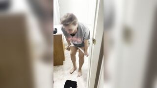 Mature woman with saggy boobs undressing and peeing in toilet