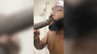 Sexy Milk Chocolate Sucks & Gags On HUGE Black Dick Dildo While In Shower | Papa Bare