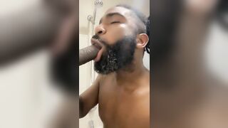 Sexy Milk Chocolate Sucks & Gags On HUGE Black Dick Dildo While In Shower | Papa Bare