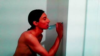 Petite Tgirl Sucks Wall Mount Dildo Lovingly