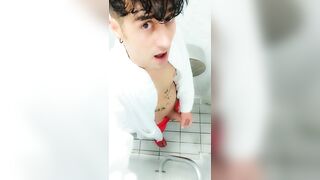 Jerk off at spa toilet in bathrobe before the pool