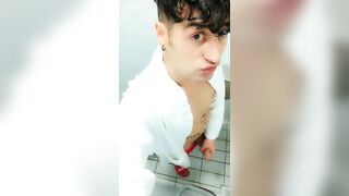 Jerk off at spa toilet in bathrobe before the pool