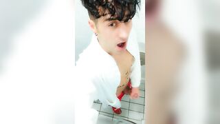 Jerk off at spa toilet in bathrobe before the pool