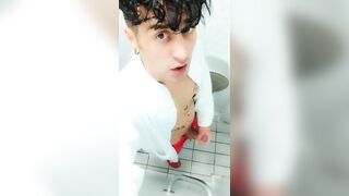 Jerk off at spa toilet in bathrobe before the pool