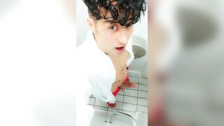 Jerk off at spa toilet in bathrobe before the pool