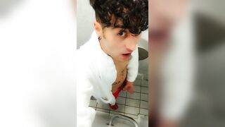 Jerk off at spa toilet in bathrobe before the pool