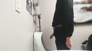 Pissing at public urinal and jerk off before someone comes in