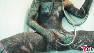 Heavily TATTOO model ANAL masturbation in shower - clean asshole, enema fetish, anal gape, PISS