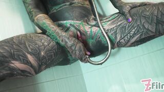 Heavily TATTOO model ANAL masturbation in shower - clean asshole, enema fetish, anal gape, PISS