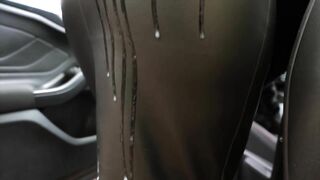 Helping a stranger with handjob through car window ended with huge cumshot on tight leather skirt