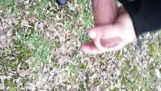 Thick veiny cock with penis ring intense jerking in a park - no cum