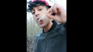 Twink uses cum filled condom after fuck like bubble gum and puts on a condom on his tongue