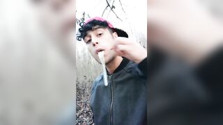 Twink uses cum filled condom after fuck like bubble gum and puts on a condom on his tongue