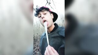 Twink uses cum filled condom after fuck like bubble gum and puts on a condom on his tongue