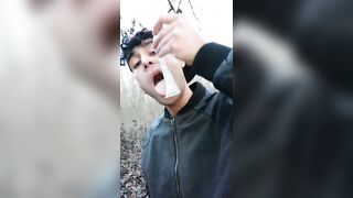 Twink uses cum filled condom after fuck like bubble gum and puts on a condom on his tongue