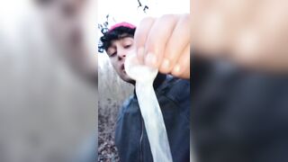 Twink uses cum filled condom after fuck like bubble gum and puts on a condom on his tongue