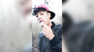 Twink uses cum filled condom after fuck like bubble gum and puts on a condom on his tongue