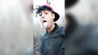 Twink uses cum filled condom after fuck like bubble gum and puts on a condom on his tongue