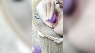 Jerking off purple dick in front of the mirror after my friend cum inside me