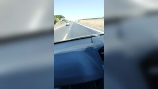 Milf Slut.on highway .  I touch myself seating in car.