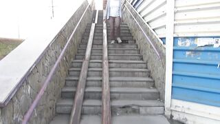 Mature Milfs Pissing on the Stairs of Public Transition