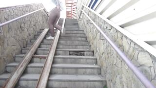 Mature Milfs Pissing on the Stairs of Public Transition