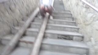 Mature Milfs Pissing on the Stairs of Public Transition