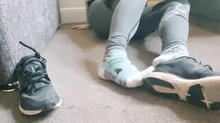 Stare at my sweaty socksoles as I stretch