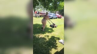 Got back to find wife mowing in a thong bikini, her ass and thighs jiggling with every step